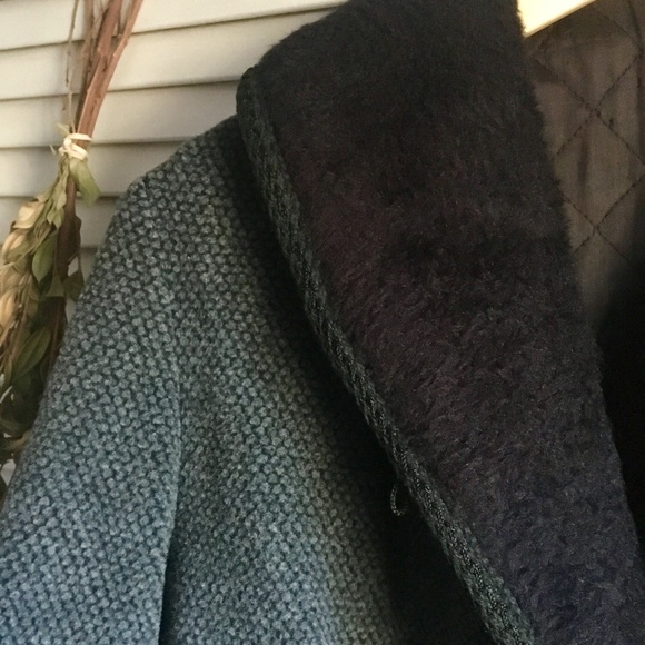 {Vintage} Dark Teal Fuzzy Collar Pea Coat, M/L - Picture 5 of 8